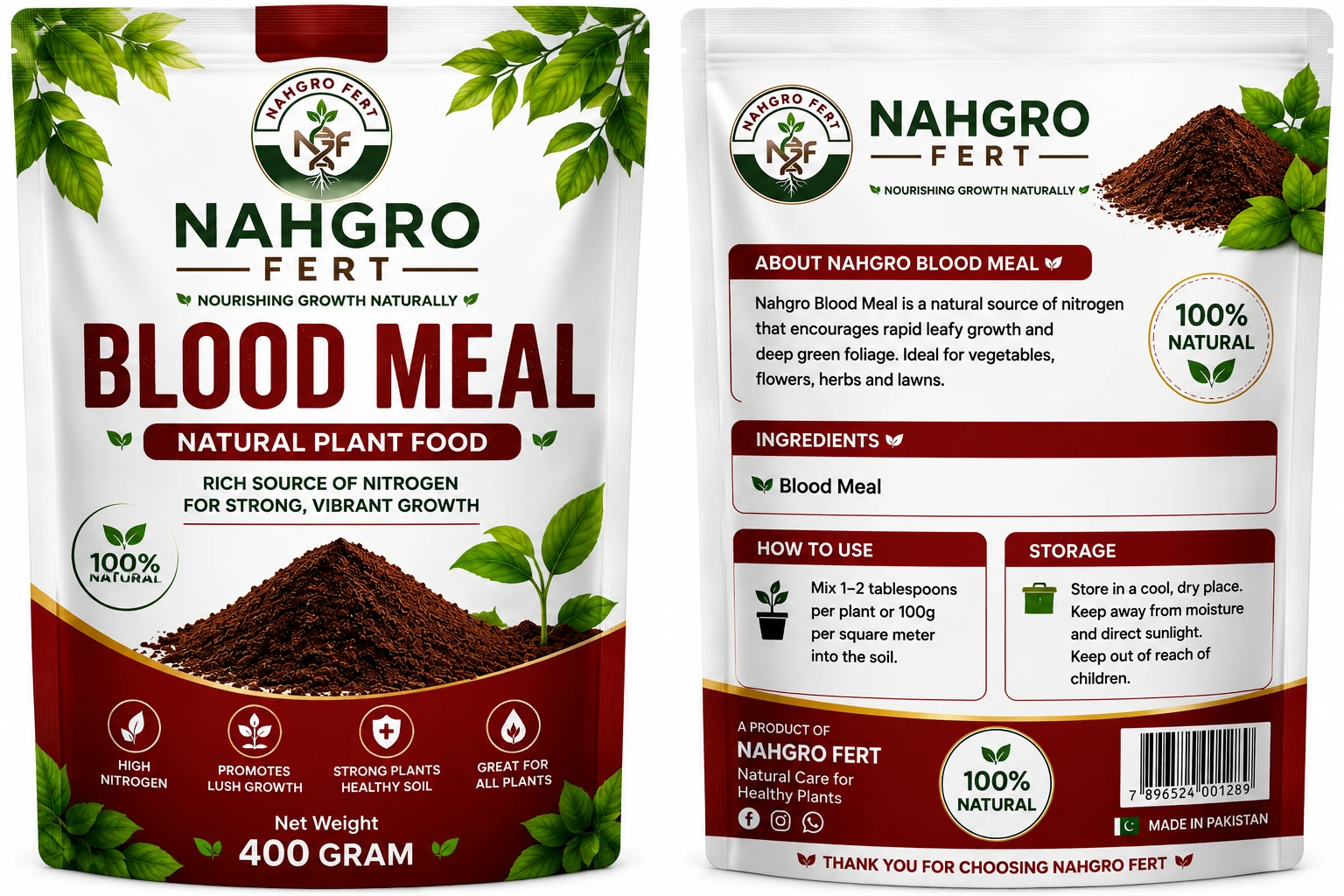 NAHGRO Blood Meal organic fertilizer pack, front and back