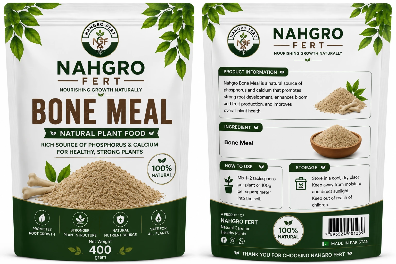 NAHGRO Bone Meal organic fertilizer pack, front and back