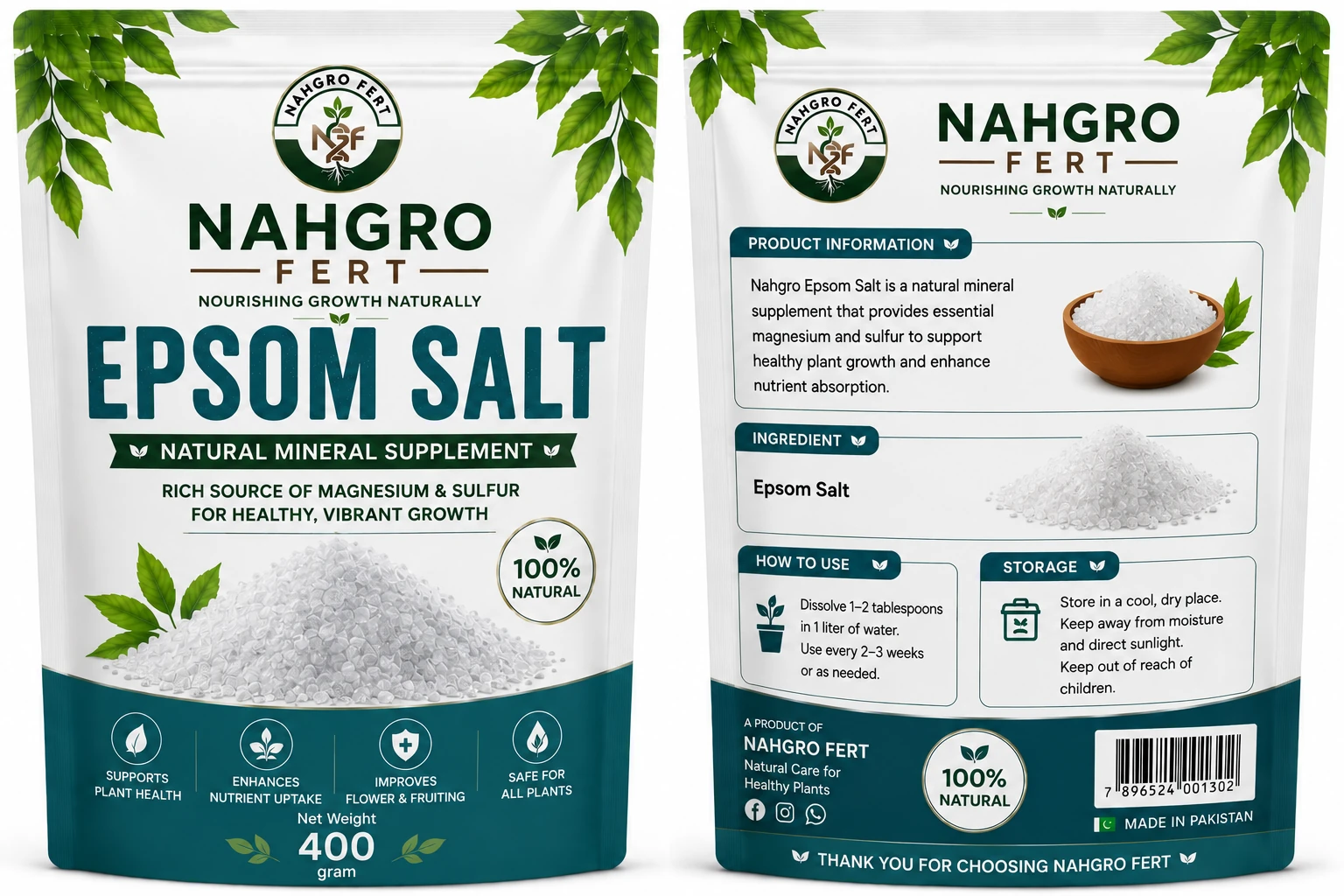 NAHGRO Epsom Salt organic fertilizer pack, front and back