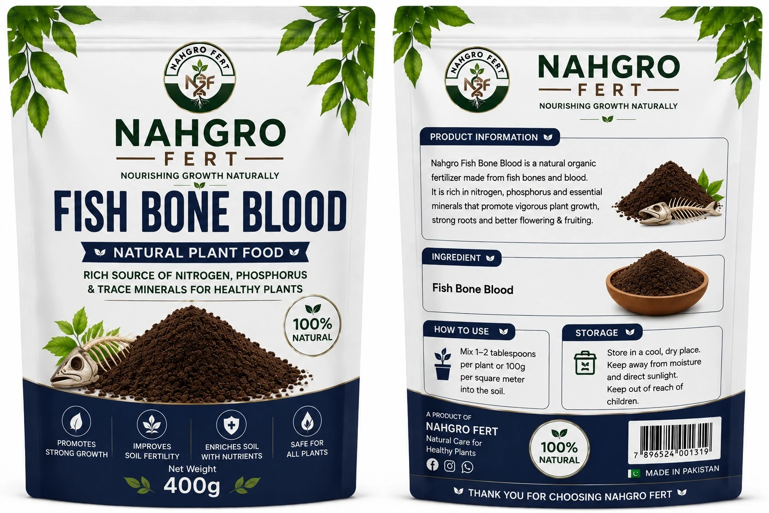 NAHGRO Fish Bone Blood organic fertilizer pack, front and back
