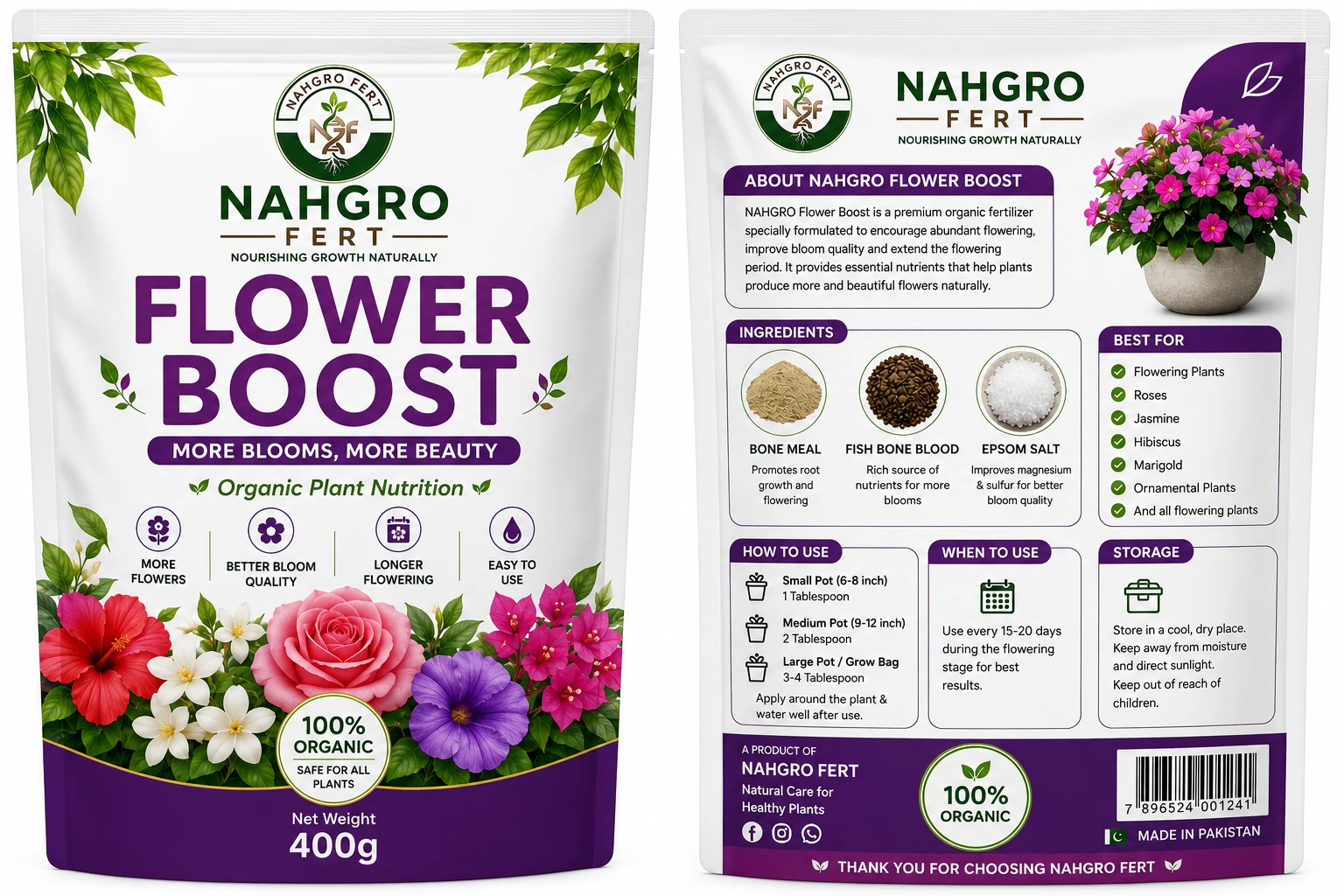 NAHGRO Flower Boost organic fertilizer pack, front and back
