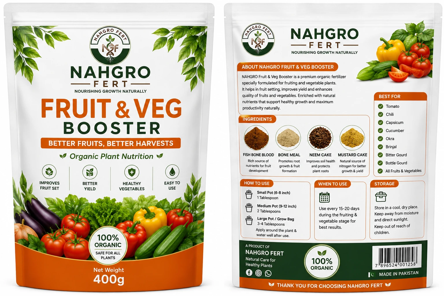 NAHGRO Fruit & Veg Booster organic fertilizer pack, front and back