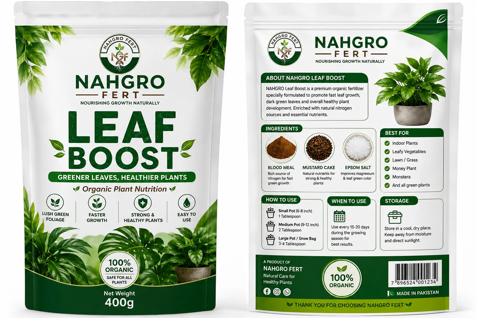 NAHGRO Leaf Boost organic fertilizer pack, front and back