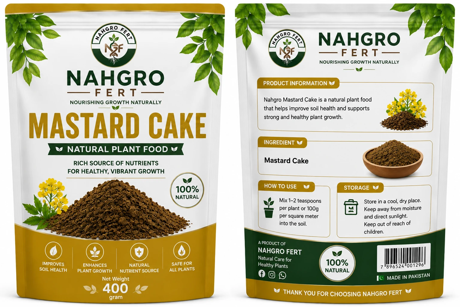NAHGRO Mustard Cake organic fertilizer pack, front and back