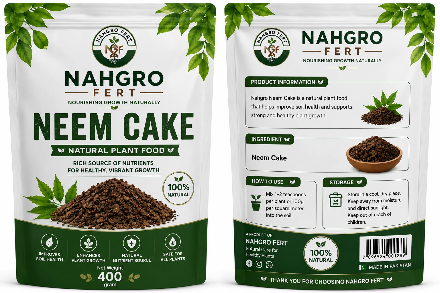 NAHGRO Neem Cake organic fertilizer pack, front and back