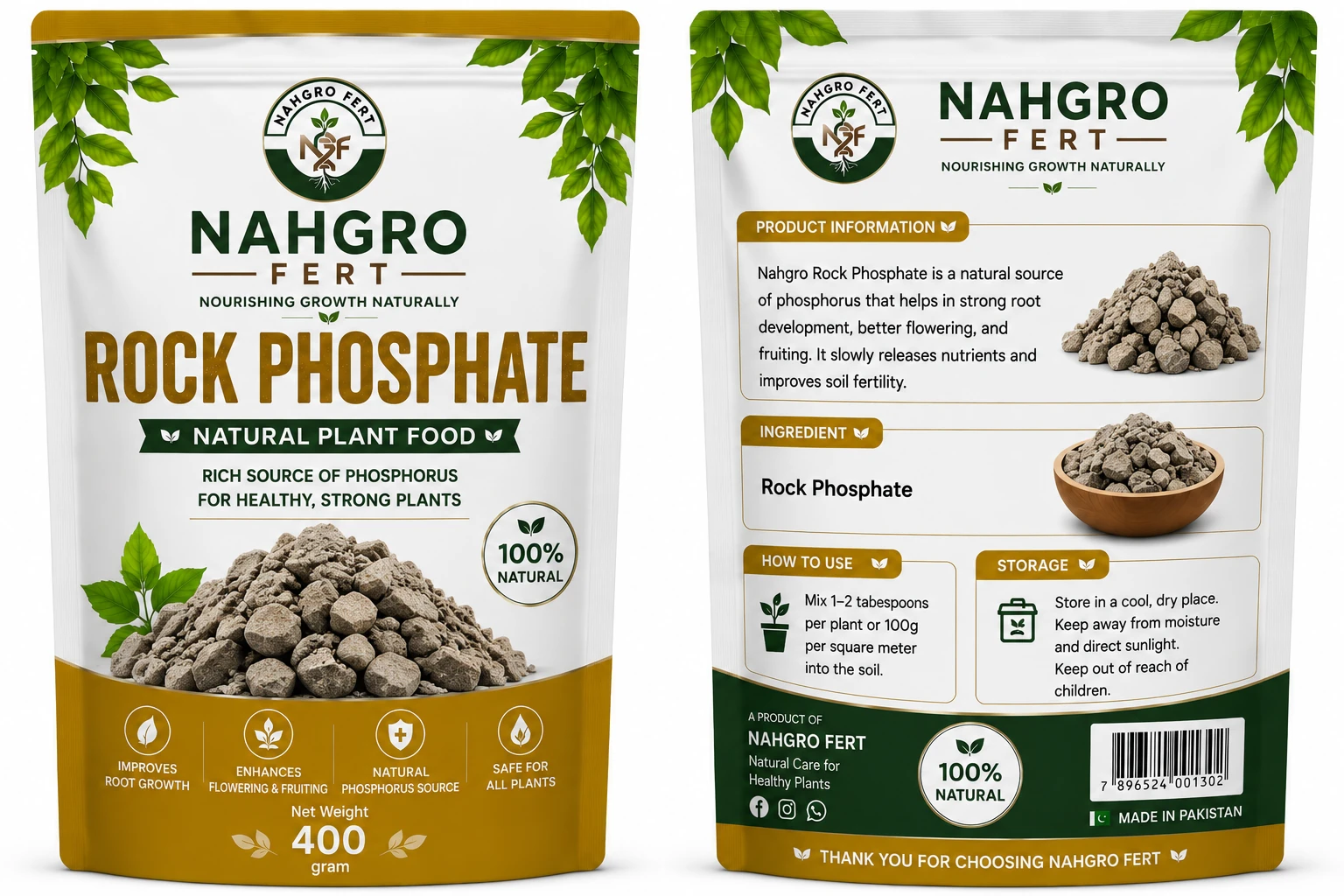 NAHGRO Rock Phosphate organic fertilizer pack, front and back