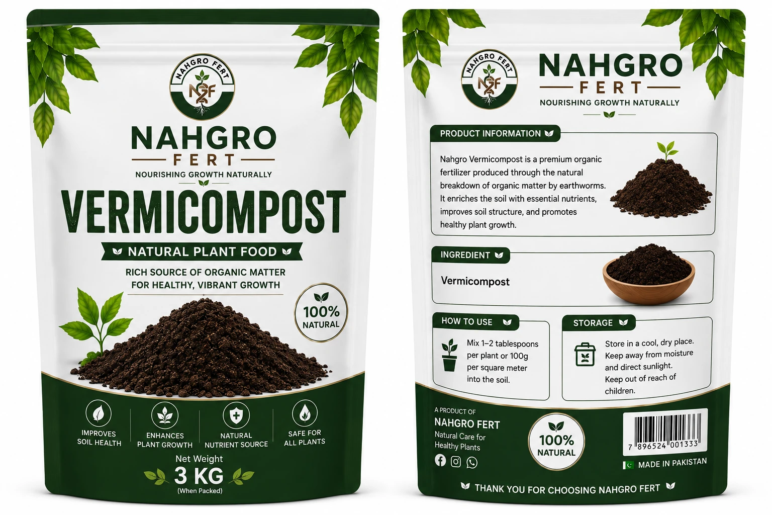 NAHGRO Vermicompost organic fertilizer pack, front and back
